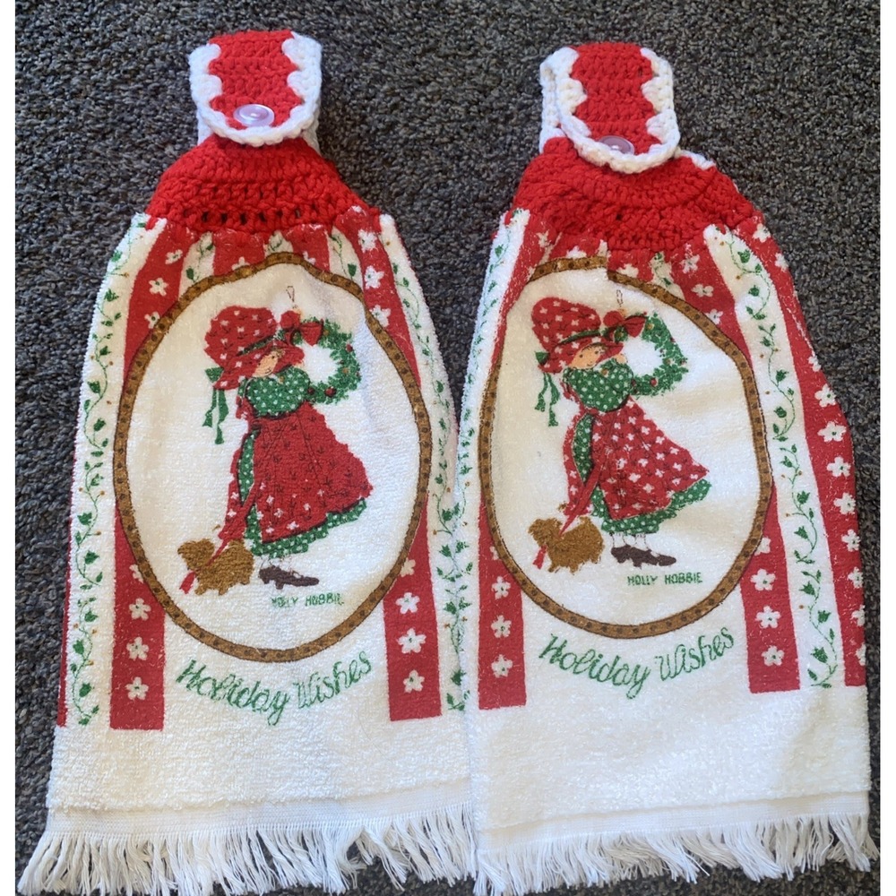 Vintage Christmas Kitchen Hand Towel w/ Crochet Top Holly Hobbie Cannon Holiday